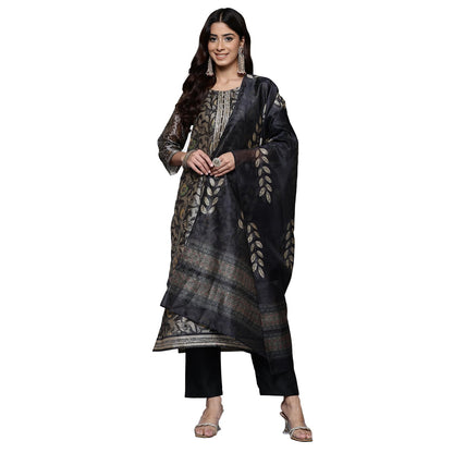 Varanga Women Grey Floral Printed Round Neck Straight Kurta Paired With Bottom And Printed Dupatta  Elegant & Comfortable Ethnic