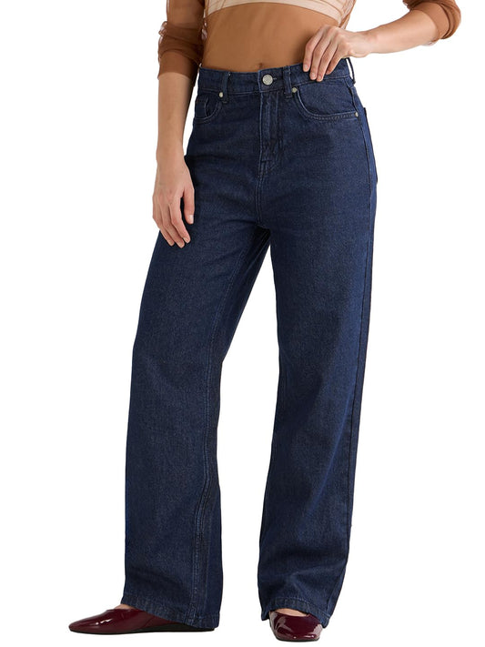 Bewakoof Womens Solid High Rise Straight Fit Cotton High Rise Baggy Jeans_625178_Blue_36