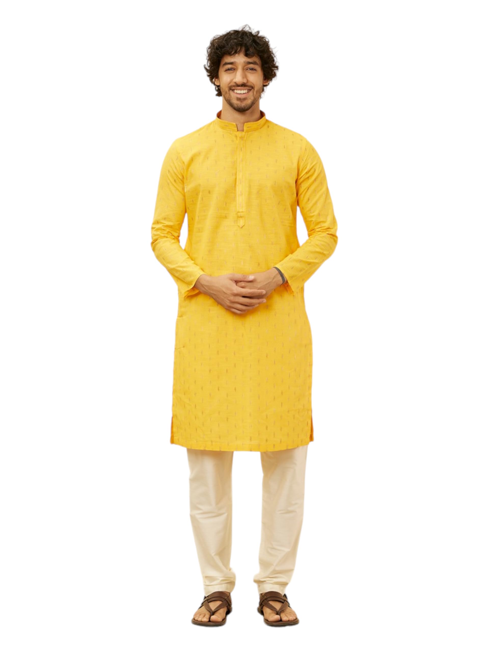 Manyavar MenS Mustard Cotton Self Design Kurta Pyjama Set