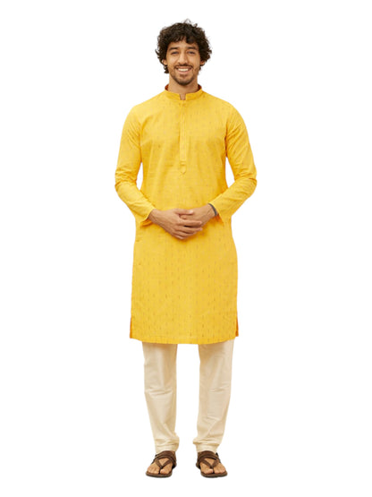 Manyavar MenS Mustard Cotton Self Design Kurta Pyjama Set