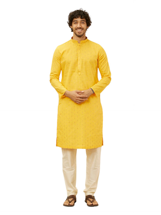 Manyavar MenS Mustard Cotton Self Design Kurta Pyjama Set