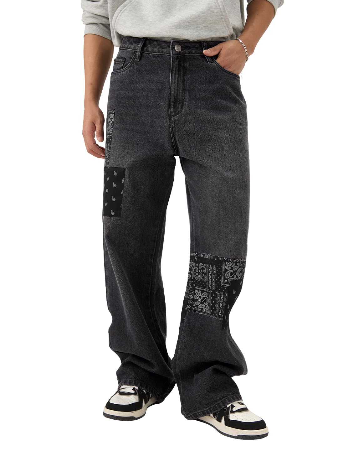 The Souled Store Denims: Bandana Patches Men and Boys Grey Straight Fit Cotton Jeans Casual Style Full-Length Comfortable Trouse
