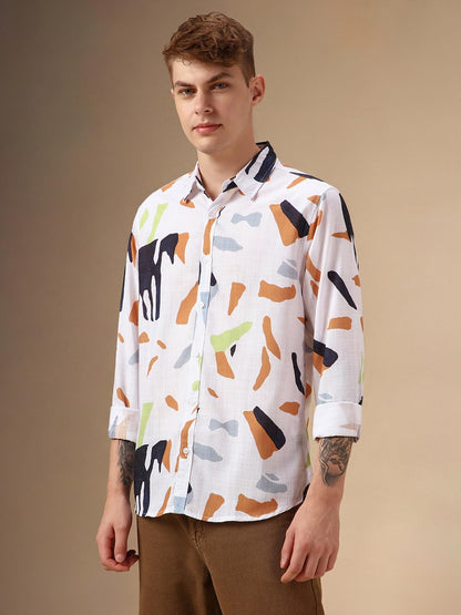 Dennis Lingo Men White Cotton Slub Full Sleeve Spread Collar Abstract Print Shirts