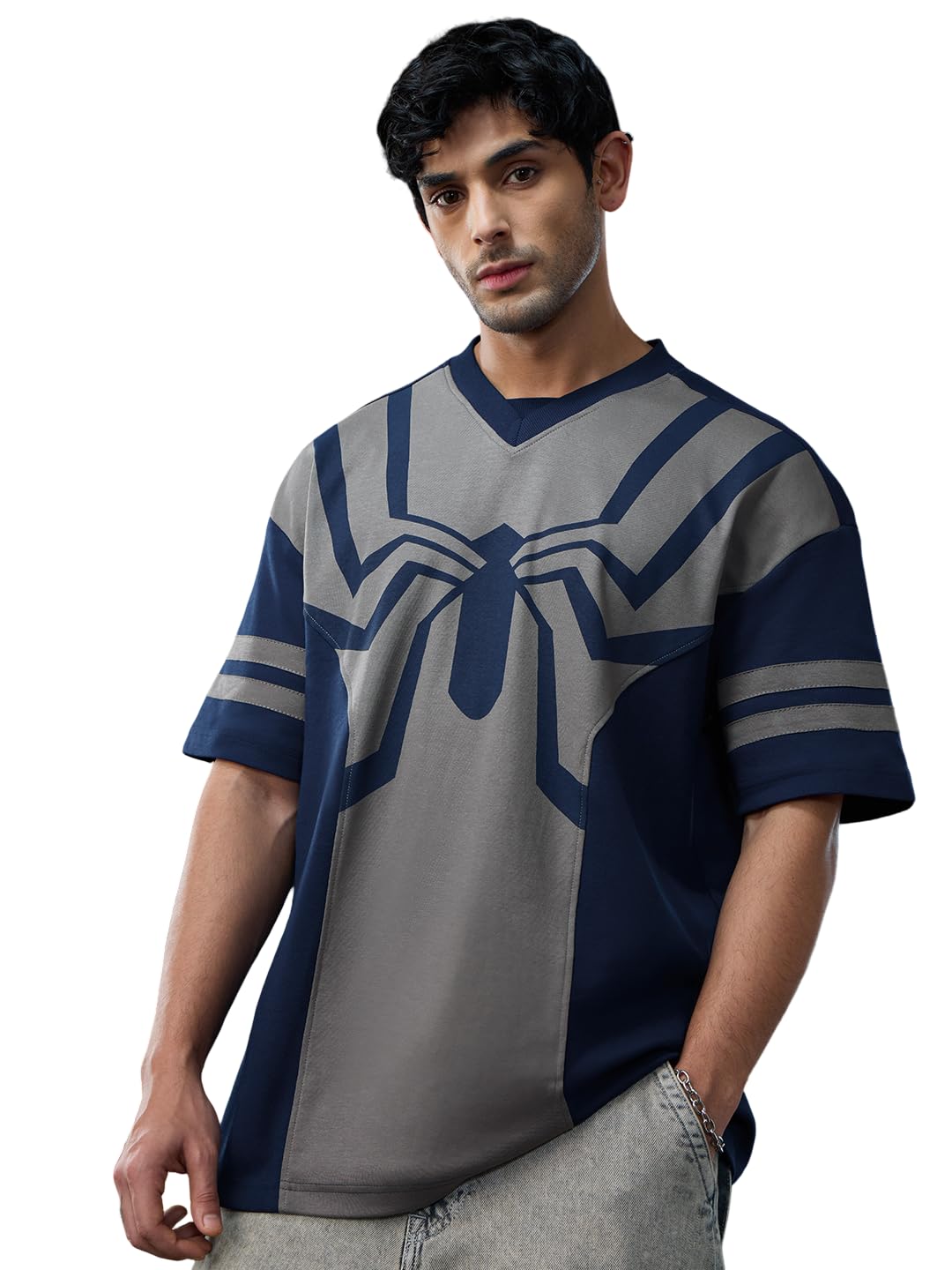 The Souled Store Spider-Man: Oscorp Suit Men and Boys Short Sleeves V-Neck Blue and Grey Printed Cotton Breathable Lightweight A