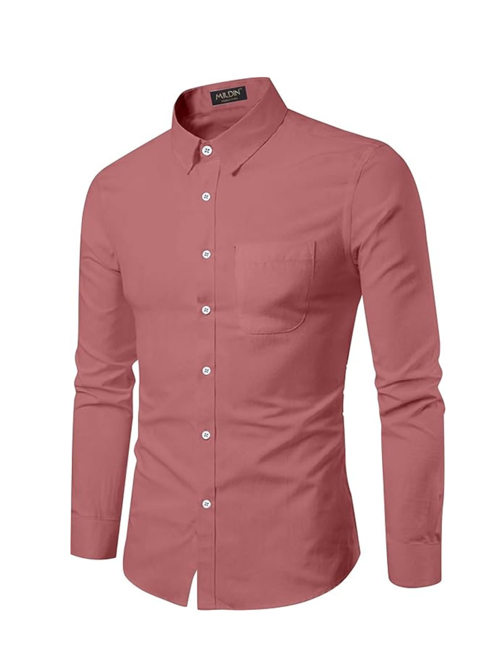 Mildin MenS Regular Cotton Blend Pink Slim Fit Solid Button Down Spread Collar Full Sleeve Curved Hemline Formal Shirt With One