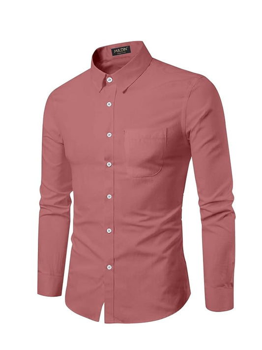 Mildin MenS Regular Cotton Blend Pink Slim Fit Solid Button Down Spread Collar Full Sleeve Curved Hemline Formal Shirt With One