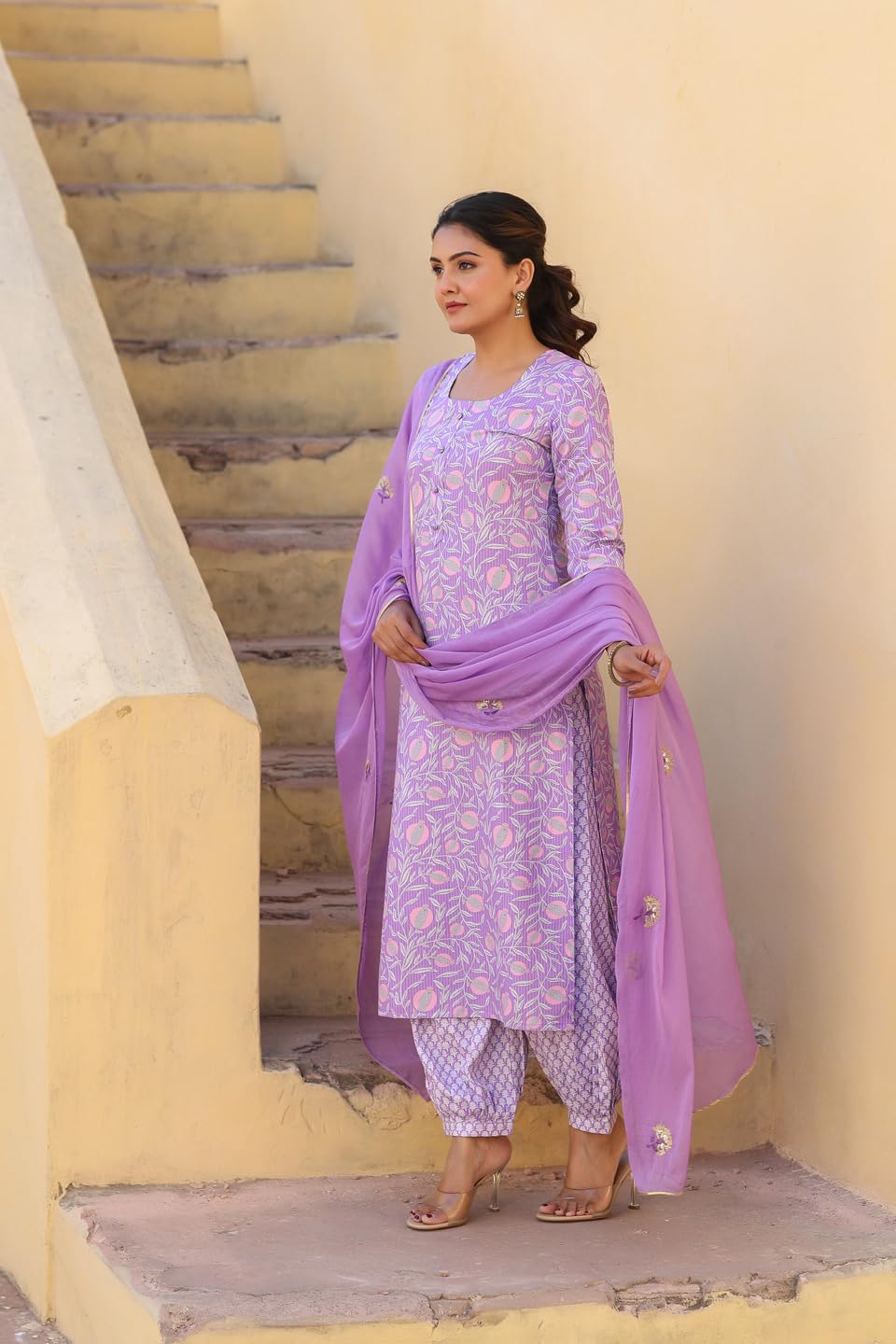 Gosriki WomenS Rayon Blend Printed Straight Kurta With Pant & Dupatta (Welco-Purple-Nw-Gs_L_Purple_Large)