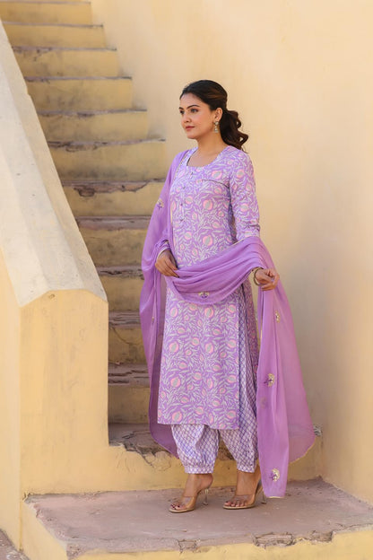 Gosriki WomenS Rayon Blend Printed Straight Kurta With Pant & Dupatta (Welco-Purple-Nw-Gs_L_Purple_Large)