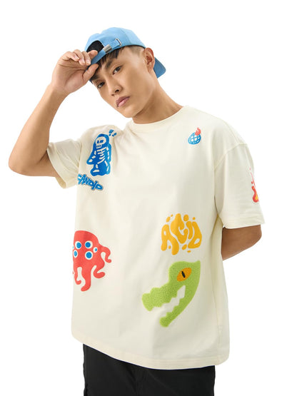 The Souled Store Acid Drip Men and Boys Short Sleeve Round Neck Off White Puff Printed Cotton Oversized T-Shirts