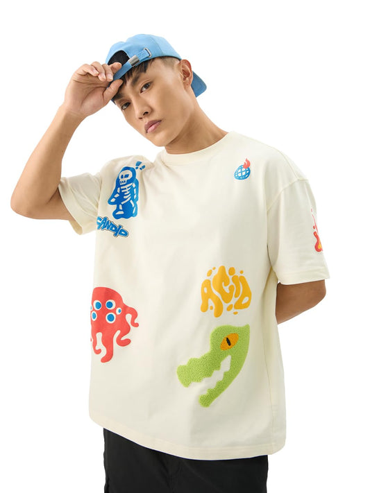 The Souled Store Acid Drip Men and Boys Short Sleeve Round Neck Off White Puff Printed Cotton Oversized T-Shirts
