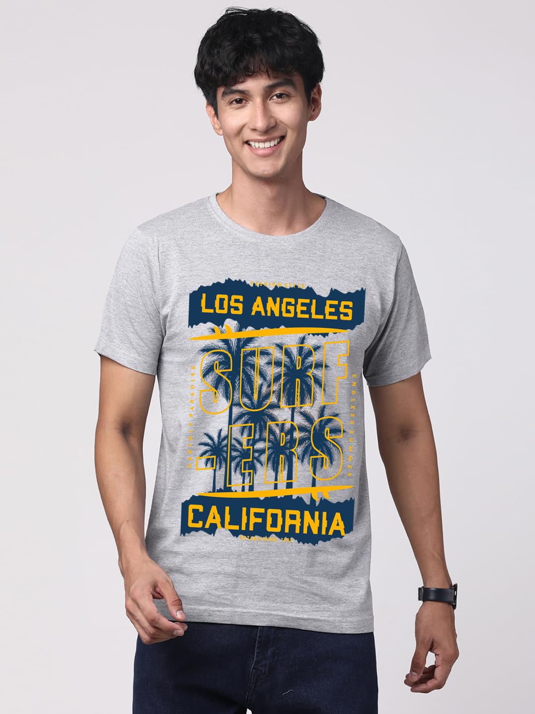 ADRO LA Surfers California Printed T-Shirt for Men - 100% Cotton, Regular Fit, Soft Breathable Fabric. (RN23-M-SRF-GR_Grey)