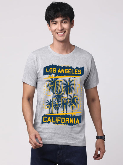 ADRO LA Surfers California Printed T-Shirt for Men - 100% Cotton, Regular Fit, Soft Breathable Fabric. (RN23-M-SRF-GR_Grey)