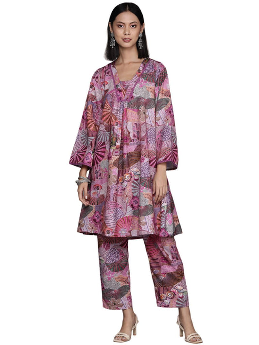 Varanga Women Purple Abstract Printed V-Neck A-Line Kurta Paired with Tonal Bottom