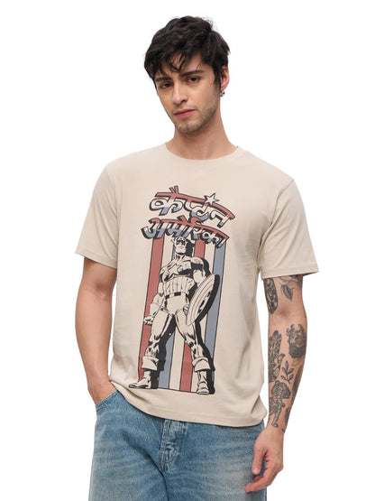 The Souled Store Captain America: Desi Vibe Men and Boys Short Sleeves Round Neck Beige Graphic Printed Regular Fit Cotton T-Shi