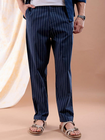 The Indian Garage Co Men Relaxed Cropped Vertical Striped Mid-Rise Trousers Navy