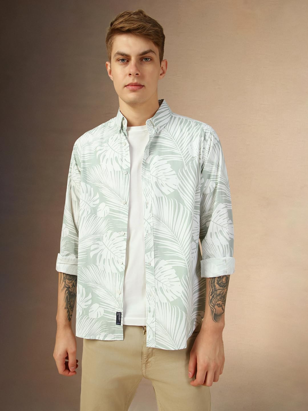 Dennis Lingo Men Green Printed Relaxed Fit Full Sleeve Button Down Collar Casual Shirt