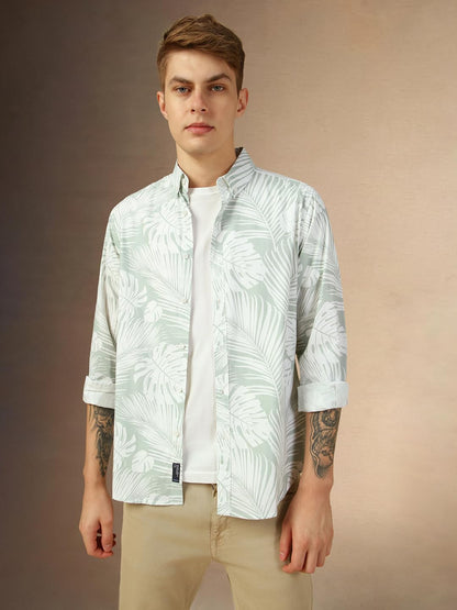 Dennis Lingo Men Green Printed Relaxed Fit Full Sleeve Button Down Collar Casual Shirt