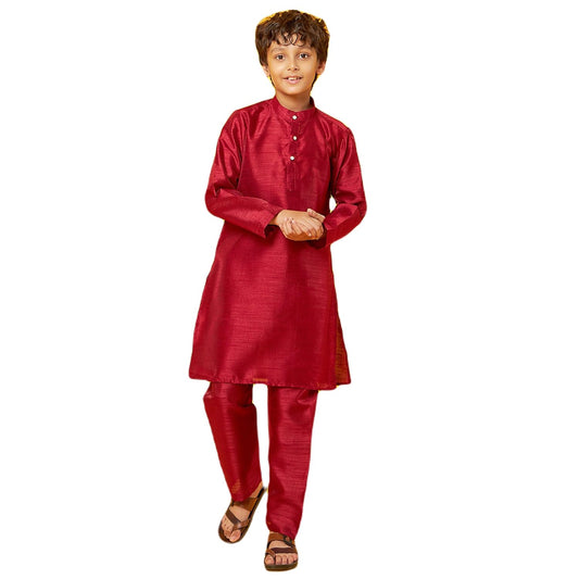 Bon Organik Red Silk Kurta With Pajama Set For Boy