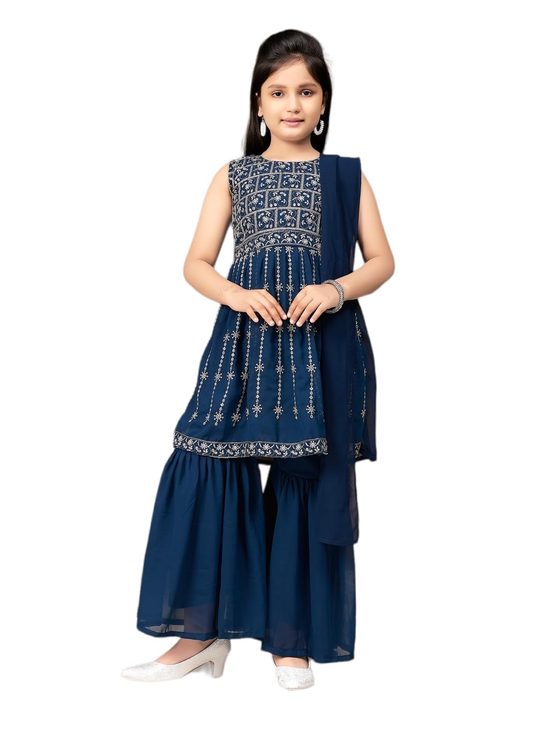 Aarika Girls Ethnic Wear Teal Blue Colour Thread Embroidery Georgette Kurti Sharara Set (4-10 Years)