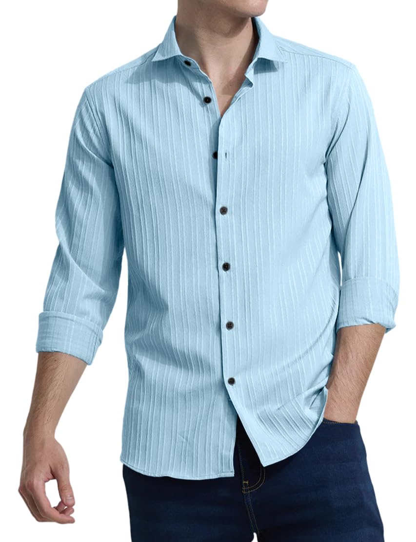 Finivo Fashion MenS Casual Cotton Plain Button Down Shirts Full Sleeve Textured Summer Beach Shirt For Men Sky Blue