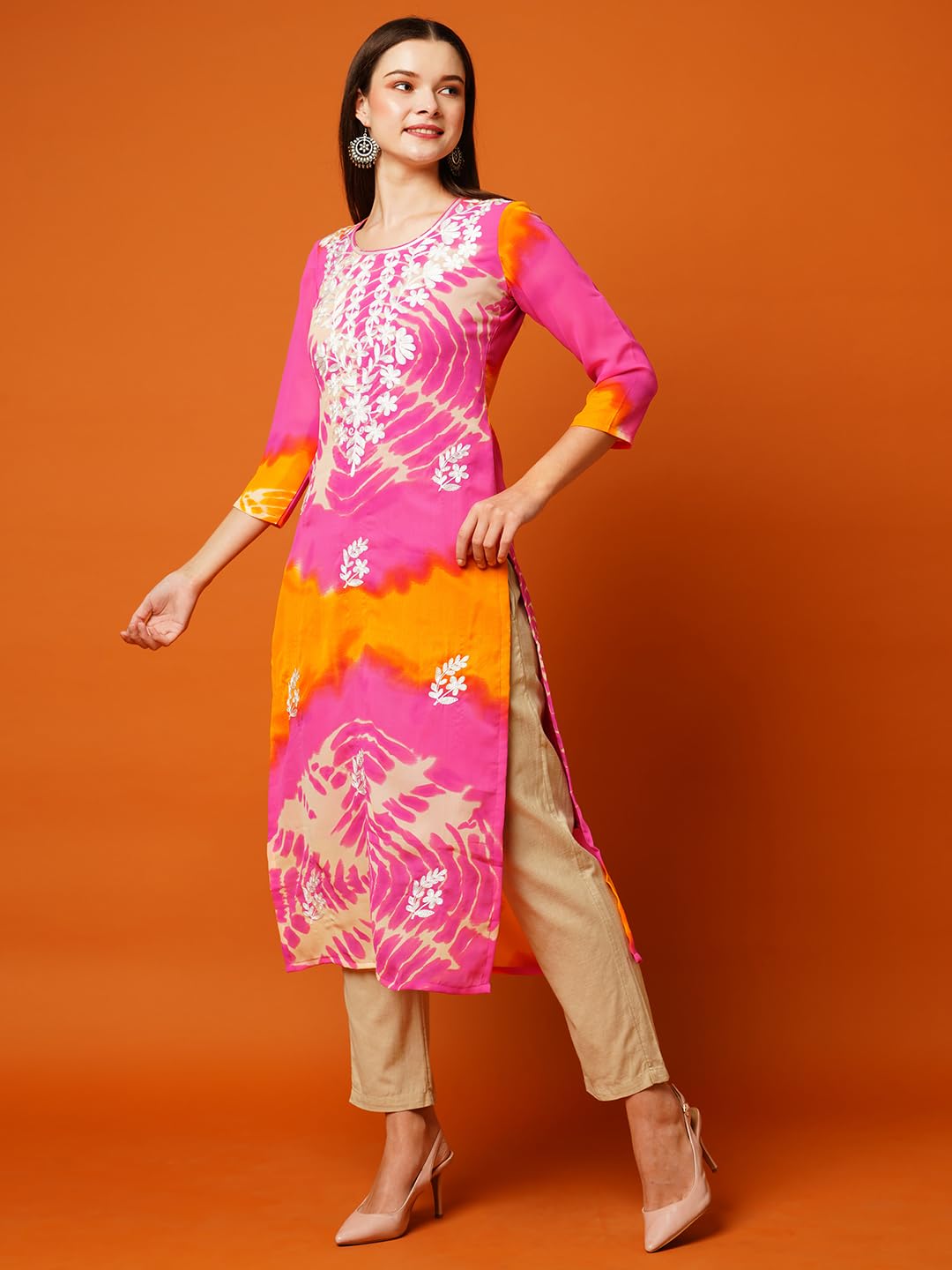 GoSriKi Women's Printed Georgette Straight Chikankari Embroidered Kurta