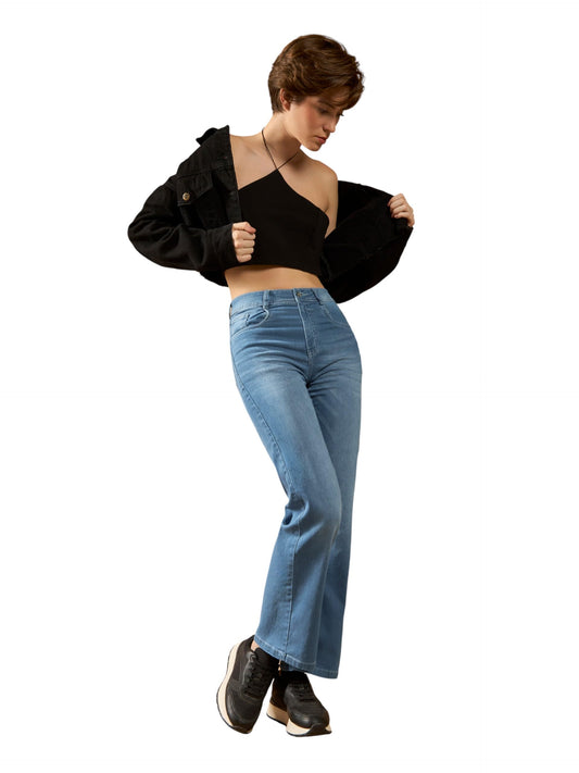 Dolce Crudo WomenS Wide-Leg Mid Rise Regular Length Blast Effect Light Weight Denim Jeans (Doss24Den12-92-388-30, Pale Blue, 30