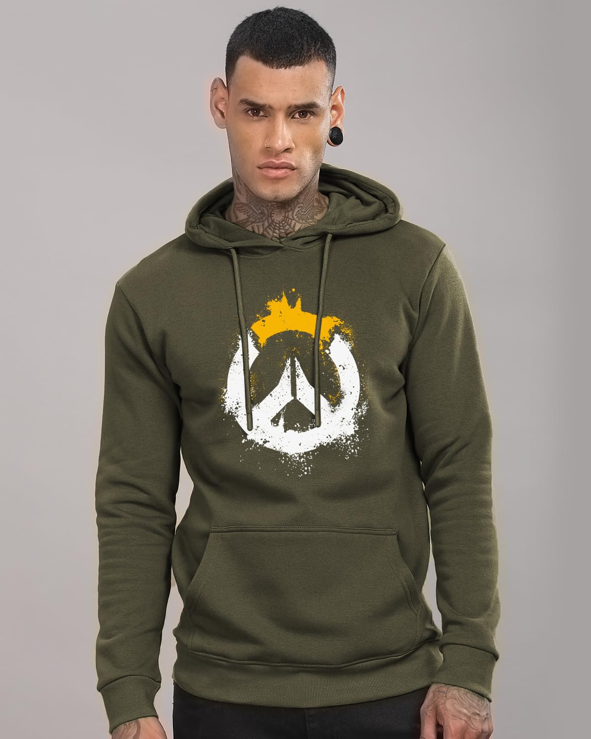 ADRO Men's Cotton Neck Hooded Sweatshirt (H20-M-PC-OL_Olive)