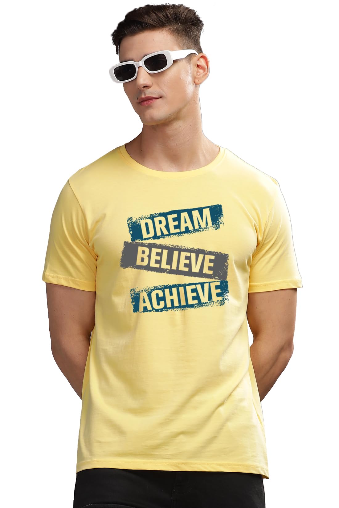 ADRO Men's Solid Regular Fit T-Shirt (RN24-DBA-LY_Light Yellow