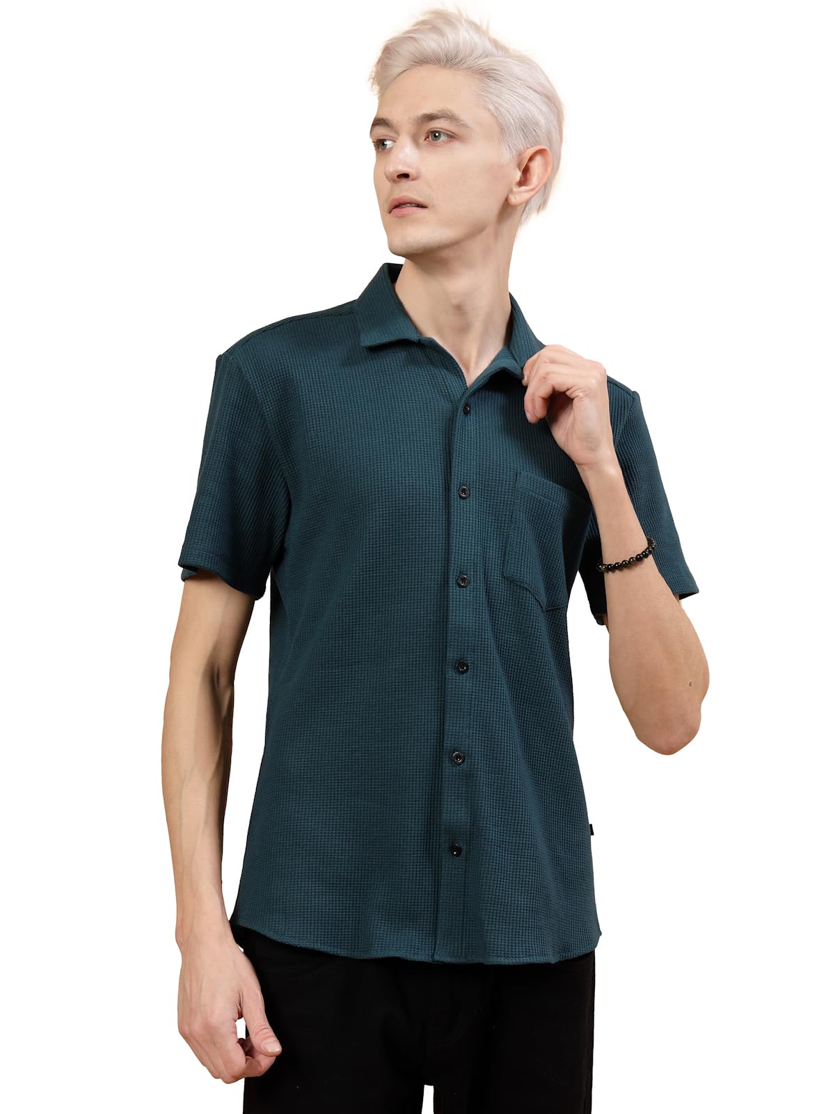 Rigo Waffle Knit Self-Textured Slim Fit Shirt for Mens | Half Sleeve Shirt for Men | Summer Shirts for Men Teal Green