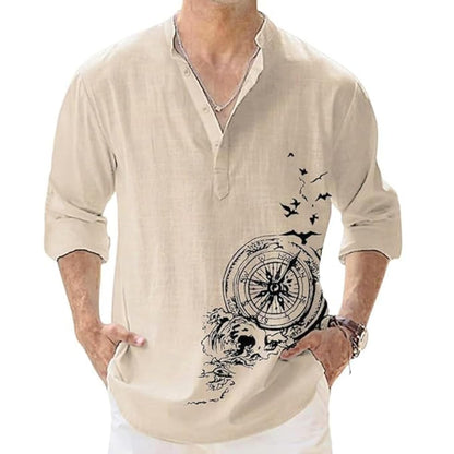 Deemoon MenS Cotton Blend Mandarin Collar Self One Design Full Sleeve Casual Short Kurta Beige