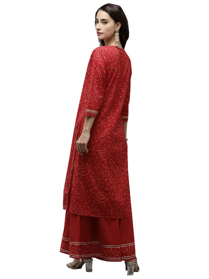 ishin Women's Pure Cotton Straight Embroidered Gotta Patti Bandhani print Red Kurta suit set with Sharara