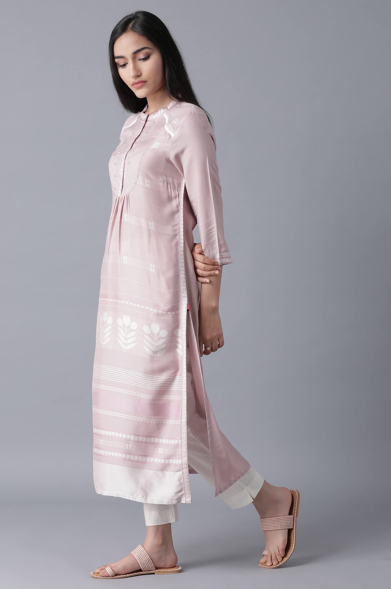 W For Woman Light Pink Floral Printed Regular Kurta With Beads