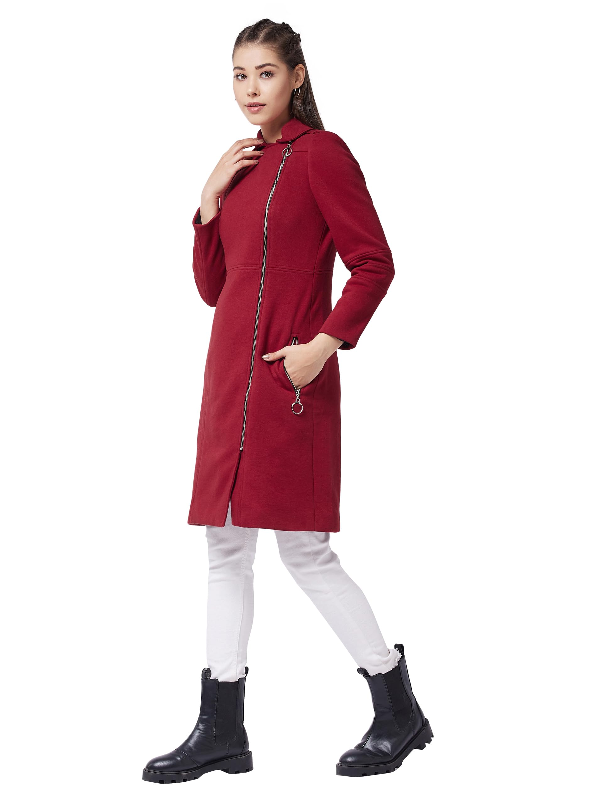 Miss Chase Womens Notch Collar Full Sleeve Double Breasted Knee Length Jacket (MCAW24JKT99-52-375-06, Vintage Maroon, XL)