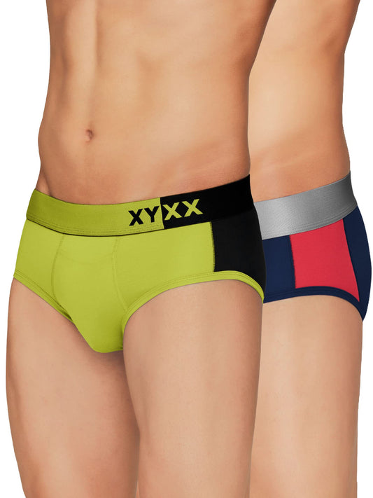 XYXX Mens Underwear Dualist IntelliSoft Antimicrobial Micro Modal Brief Pack of 2 (Lime Punch & Black ; Black Iris & Tango Red;