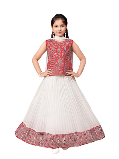 Aarika Girls Ethnic Wear Red Colour Zari Thread Mirror Embroidery Silk Lehenga Choli Set (5-11 Years)