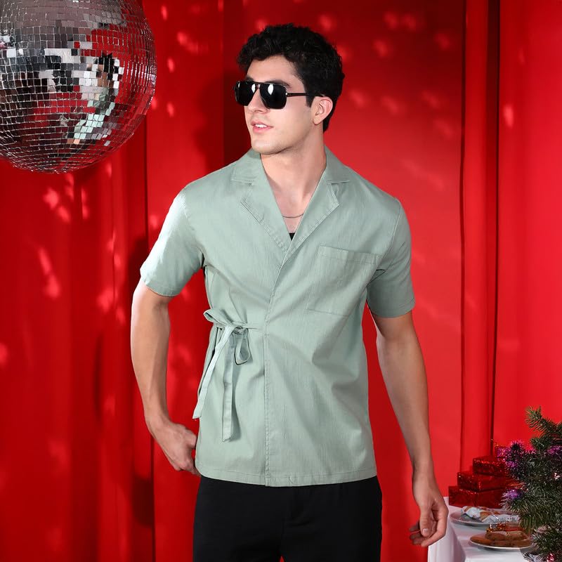 Campus Sutra Mens Sage Green Korean Wrap Shirt for Casual Wear | Cuban Collar | Short Regular Sleeves | Tie-Up Closure | Shirt
