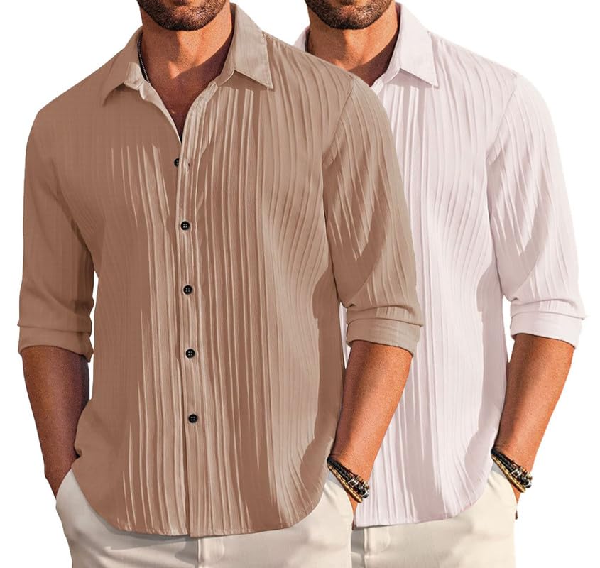 Deelmo Combo Of MenS Casual Button Down Shirts Long Sleeve Linen Shirt Fashion Textured Summer Shirts Pack Of 2
