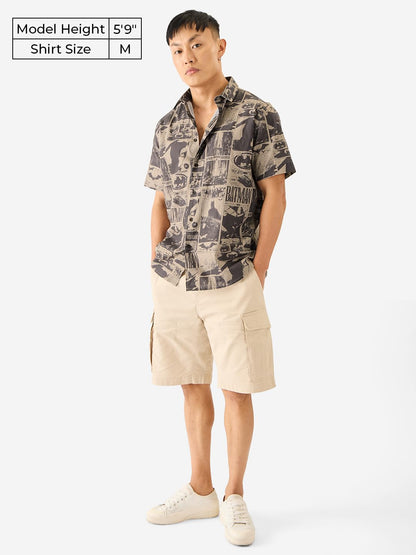 The Souled Store Official Batman: 1989 Men and Boys Short Sleeve Collared Neck Button Down Grey All Over Print Cotton Summer Shi