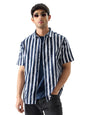 The Souled Store Men Stripes: Midnight Blue Printed Shirts Shirts Casual Button-Down Half Sleeve Printed Graphic Short Sleeve Ca
