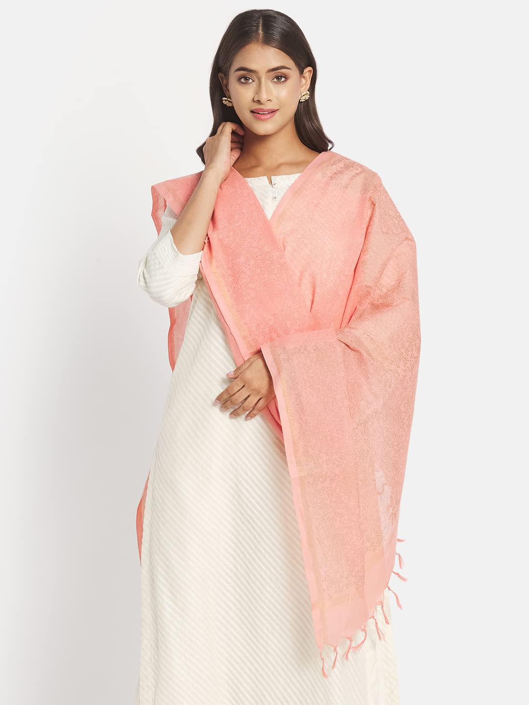 Fabindia Women Cotton Hand Block Print Geometric Dupatta Orange_FREESIZE