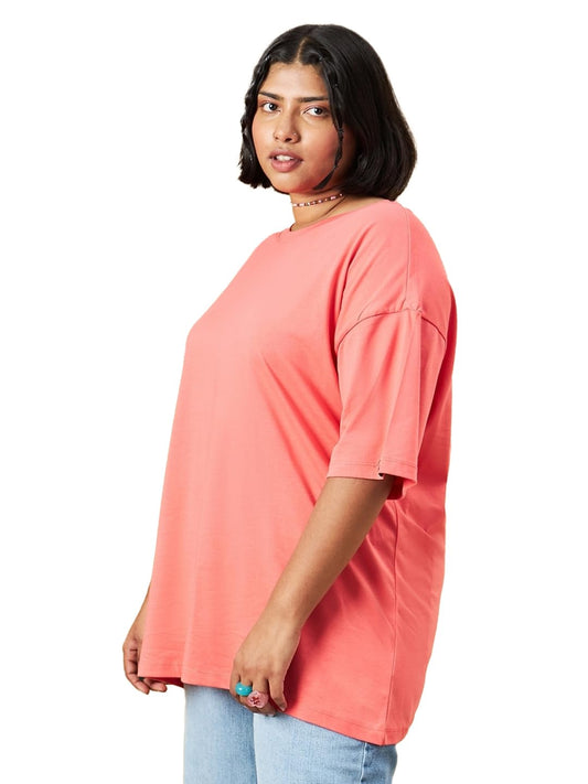 Bewakoof Womens Solid Oversized Fit Half Sleeve Round Neck Cotton Plus Size T-Shirt 617278 Pink 6XL