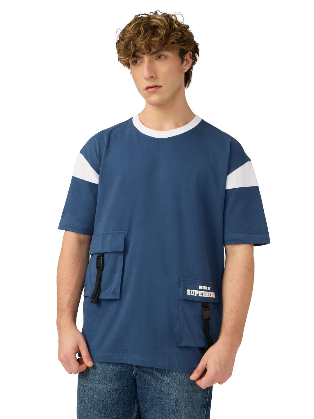 The Souled Store Utility T-Shirt: Pacific Men and Boys Short Sleeves Round Neck Blue Solid Cotton Oversized T-Shirts