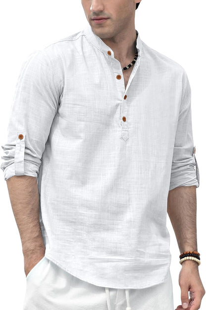 Zombom MenS Solid Cotton Blend Straight Kurta Shirt, Regular Fit Full Sleeve Short Kurta Shirt White