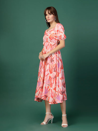 Oomph! Flared Dress For Women Stylish | Long One Piece For Women | Puff Sleeve Long Dress | Floral Print Maxi One Piece | Wester
