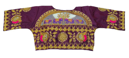 Pujia Mills WomenS Embroidery Handwork Design Bridal Blouse (Wine)
