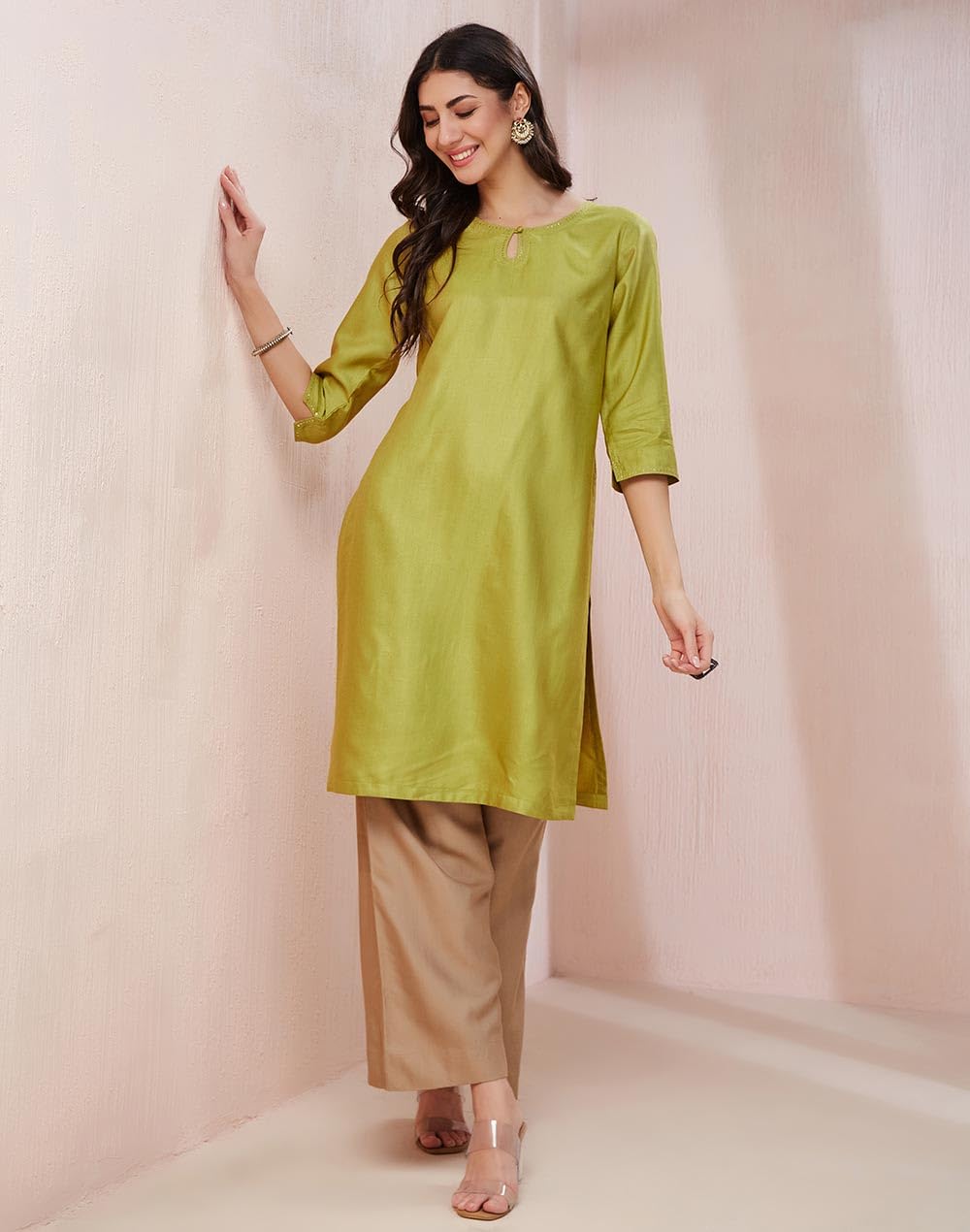 Fabindia WomenS Viscose Silk Embroidered Regular Kurta (1037236Green_Green