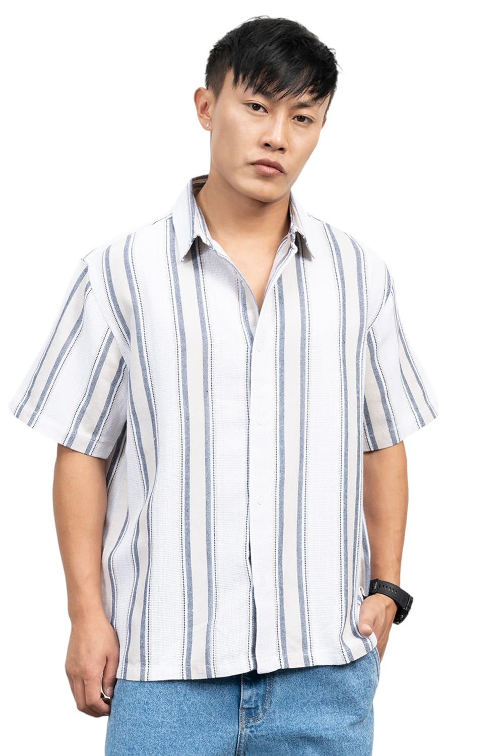 Hubberholme Men Cotton Short Sleeves Oversized Striped Shirt 12