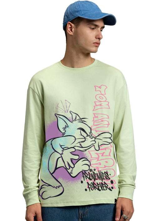 Bewakoof Official Tom & Jerry Merchandise MenS Graphic Print Oversized Fit Full Sleeve Round Neck Pure Cotton T-Shirt_677872_Gre