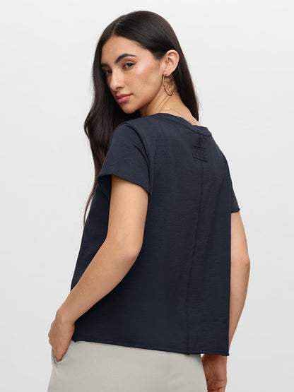 The Souled Store Slub T-Shirt: Navy Blue Women and Girls Short Sleeves Round Neck Cotton Relaxed Fit T-Shirts