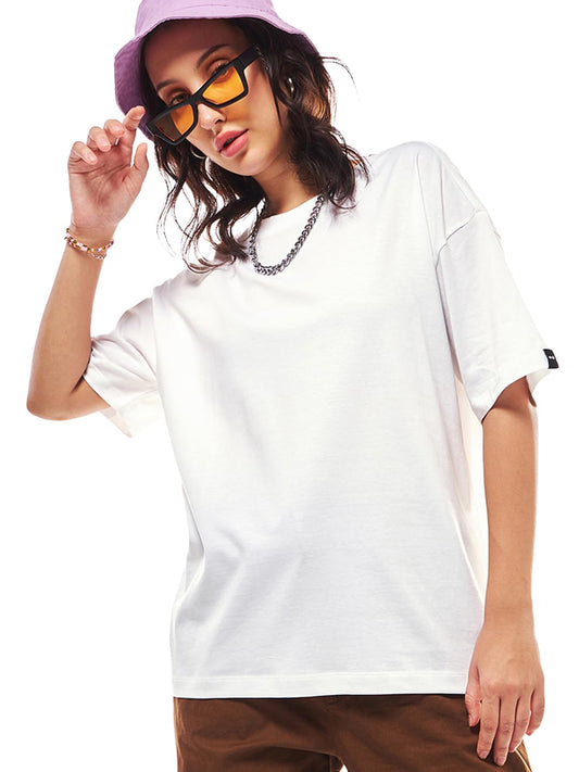 Bewakoof Womens Solid Off-White Round Neck Half Sleeve T-Shirt